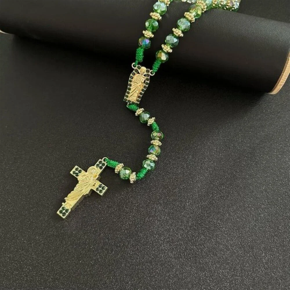 Exquisite Rosary Saint Jude Cross Pendant Mexican Necklace - Braided Cord Green